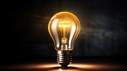 a yellow light bulb on dark blue background, isolated, copy space, canva