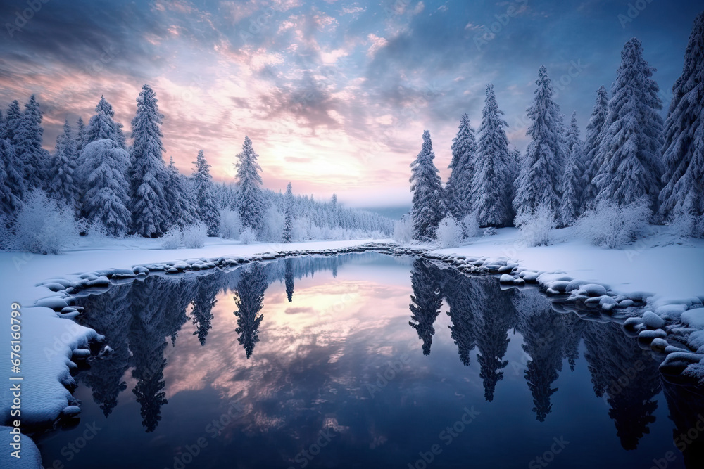 Wall mural Beautiful lake view with tree during winter for wallpaper, background and zoom meeting background