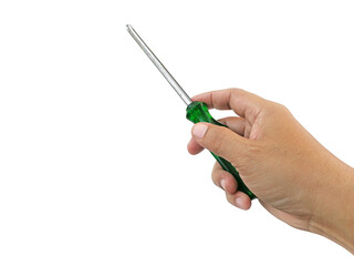 The man holds a screwdriver in his hand, transparent background