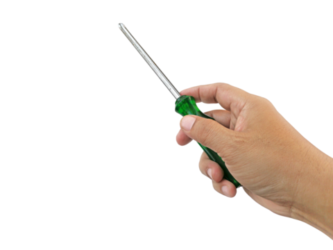 The man holds a screwdriver in his hand, transparent background