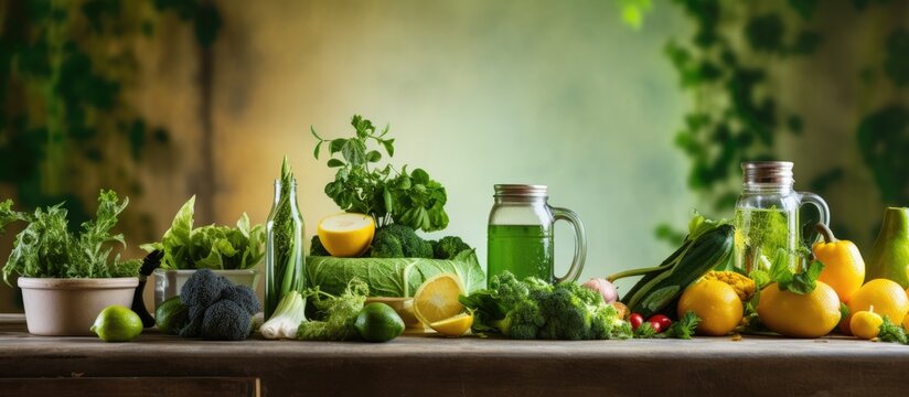 In the kitchen with a background of wood and a glass of refreshing green juice I enjoy cooking healthy vegetable packed meals that nourish both the body and the soul embracing a lifestyle ro