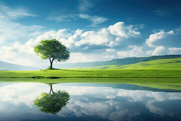 Naklejka premium Beautiful landscape view of a tree on green hills for wallpaper, background and zoom meeting background