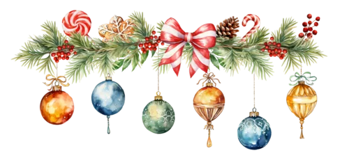 Foto op Plexiglas watercolor vector illustration christmas decoration with balls and Candy canes and ribbon,festival set © LeoOrigami
