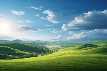 Beautiful landscape view of endless green hills for wallpaper, background and zoom meeting background	