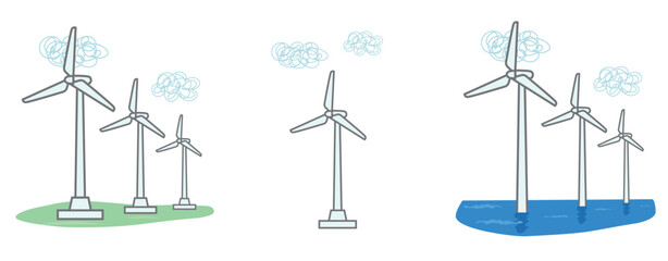 風力発電、再生可能エネルギー風力タービンのベクターイラスト - obrazy, fototapety, plakaty