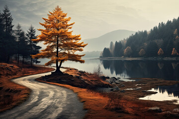 Beautiful landscape view of a tree beside the lake for wallpaper, background and zoom meeting background