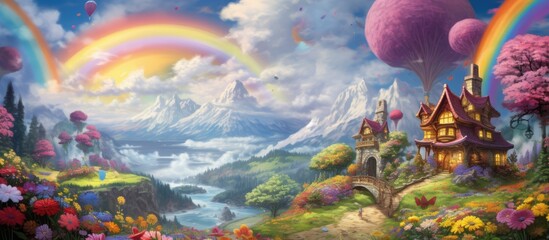 In the mystical fantasy world a house nestled amidst towering mountains is adorned with vibrant flowers while fluffy clouds float above A whimsical carnival background sets the stage for ima