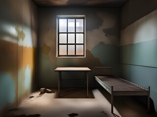 old dirty prison bed in the bedroom - obrazy, fototapety, plakaty