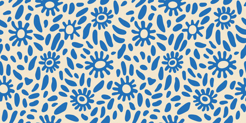 Abstract blue flower art seamless pattern. Trendy contemporary floral nature shape background illustration. Natural organic plant leaves artwork wallpaper print. Vintage spring texture. - obrazy, fototapety, plakaty
