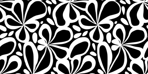 Abstract black and white flower art seamless pattern. Trendy contemporary floral nature shape background illustration. Natural organic plant leaves artwork wallpaper print. Vintage spring texture.