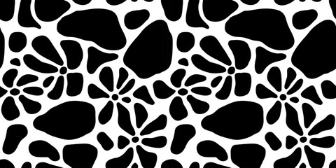 Abstract black and white flower art seamless pattern. Trendy contemporary floral nature shape background illustration. Natural organic plant leaves artwork wallpaper print. Vintage spring texture.