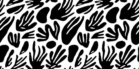 Abstract organic shape art seamless pattern with freehand doodles. Contemporary flat cartoon background, simple nature shapes in black and white. 