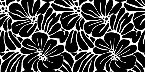 Abstract black and white flower art seamless pattern. Trendy contemporary floral nature shape background illustration. Natural organic plant leaves artwork wallpaper print. Vintage spring texture.