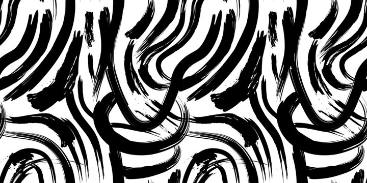 Black and white abstract brush stroke painting seamless pattern illustration. Modern paint line background in monochrome color. Messy graffiti sketch wallpaper print, rough hand drawn texture.