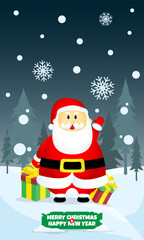 Merry Christmas and Happy New Year poster with Santa Claus standing among gift boxes in a snow field