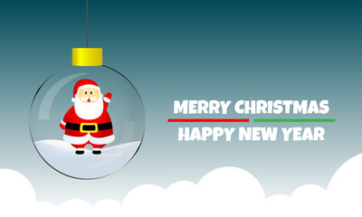 Merry Christmas and Happy New Year poster with Santa Claus in a hanging glass ball