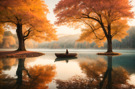 Majestic Autumn Trees Reflecting in Tranquil Lakeside Beauty