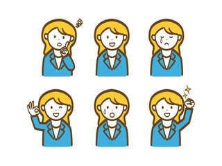 シンプルな女性会社員のポーズ別イラストセット_ブルースーツ2