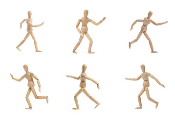 Wooden puppet on white background, collection of different poses