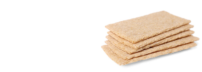 Tasty crispbreads on white background, space for text