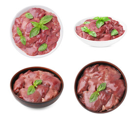 Fresh chicken liver in bowls isolated on white, collection. Top and side views
