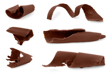 Many chocolate curls isolated on white, collection