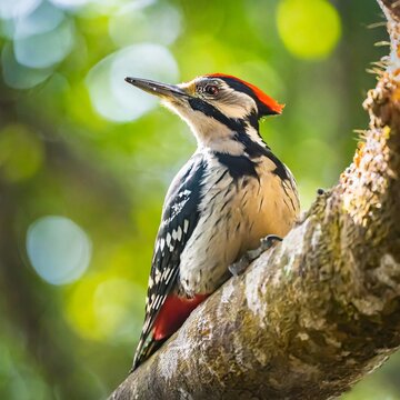 P&aacute;jaro carpintero posado en &aacute;rbol con muzgo, trabajando en sacar larvas del tronco. Bosque chileno