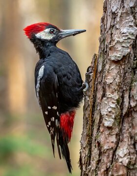 P&aacute;jaro carpintero posado en &aacute;rbol con muzgo, trabajando en sacar larvas del tronco. Bosque chileno