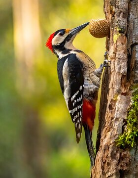 P&aacute;jaro carpintero posado en &aacute;rbol con muzgo, trabajando en sacar larvas del tronco. Bosque chileno