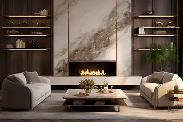 Fotobehang Elegant and modern living room 3d interior with open fireplace, in the style of light gold and dark beige, marble, minimalist © Black Pig