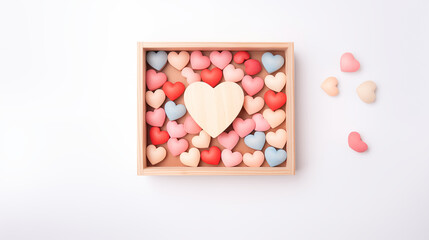 Valentine’s Day concept: bird-eye view of a wooden box with pestle color hearts inside, isolated blank background for copy space