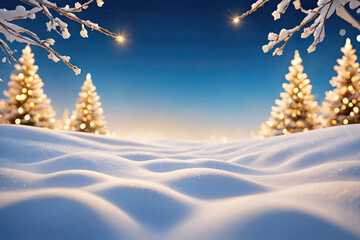 Winter Christmas natural snowy landscape, background with snow, snowdrift and defocused Christmas lights against blue sky
