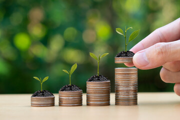 Saving money concept. Hand putting Coins with small plant. Business, investment, Interest...