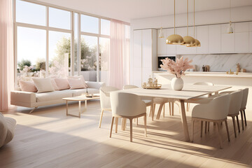 Light living room with dining area at the corner of the white kitchen, hardwood floors, in the style of light gold and light beige