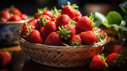 Closeup Strawberries in a bamboo basket with blur background