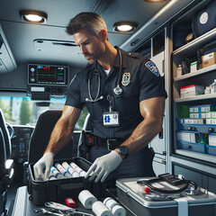 Male EMT or ambulance worker prepares medical supplies in the back of an ambulance, worker, vehicle, equipment, people - obrazy, fototapety, plakaty