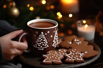 Woman hold A gingerbread man with hot chocolate on the Christmas decorations background. Generative AI