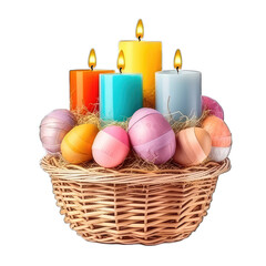 Obraz na płótnie Canvas Easter eggs and candles on the basket isolated on white background