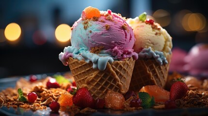 sweet ice cream of various colors and filled with fruit, cream and chocolate sprinkles