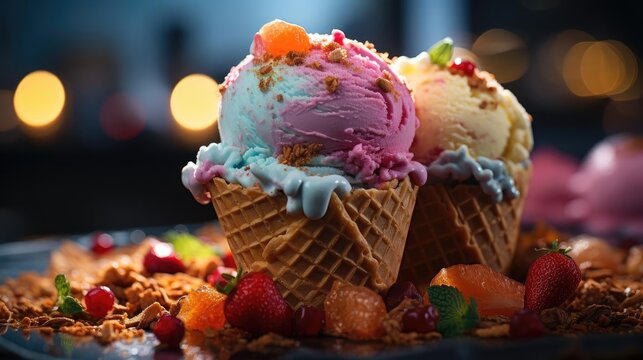 sweet ice cream of various colors and filled with fruit, cream and chocolate sprinkles