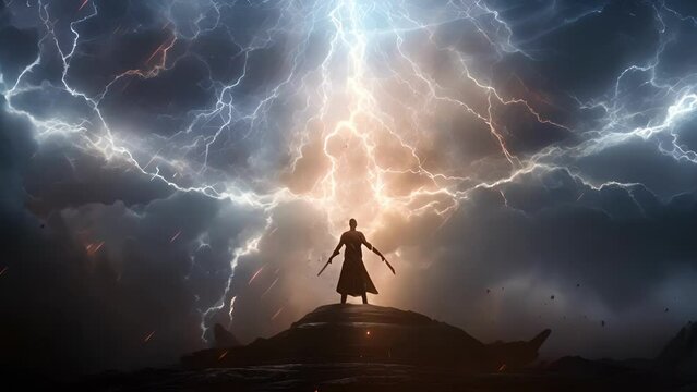 A mage is locked in concentration directing bolts of lightning that surge around them like a dancing cape.