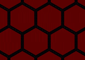 Hexagonal pattern with red cells featuring vertical lines and black space adorned with dots and stripes