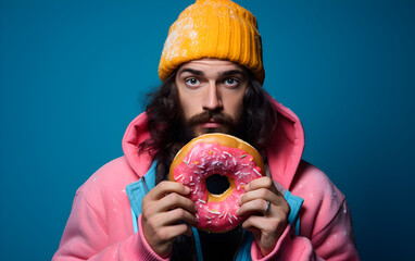 Young Man in pink jacket  Holding a Donut with Pink Glaze on a Blue Background: Funny Scene, copy space