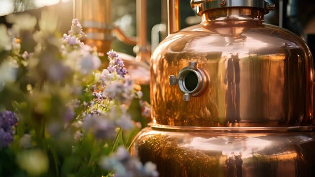 Detailed shot of a towering distillation apparatus, where heaps of freshly harvested flowers are being gently heated in large copper stills, extracting their concentrated scent through a