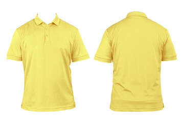 Blank clothes for design yellow polo shirt Clothes on a white background isolated Front and back view Plain white t-shirt isolated.