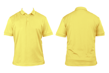 Blank clothes for design yellow polo shirt Clothes on a white background isolated Front and back view Plain white t-shirt isolated.