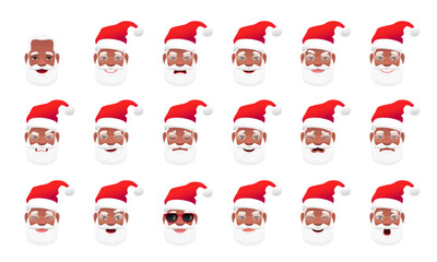Black Santa Claus. An old African with a gray beard and mustache. Various emotions of a cute Santa grandpa with glasses and a red hat.