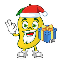 Mango fruit santa cartoon character holding a gift