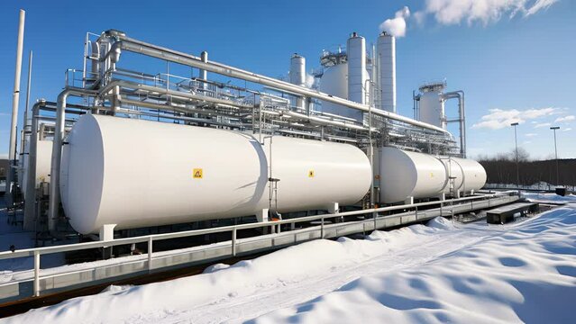 A large cylindrical tank painted in white, with pipes attached at various points, symbolizes carbon capture and storage CCS technology.