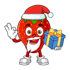 Strawberry fruit santa cartoon character holding a gift